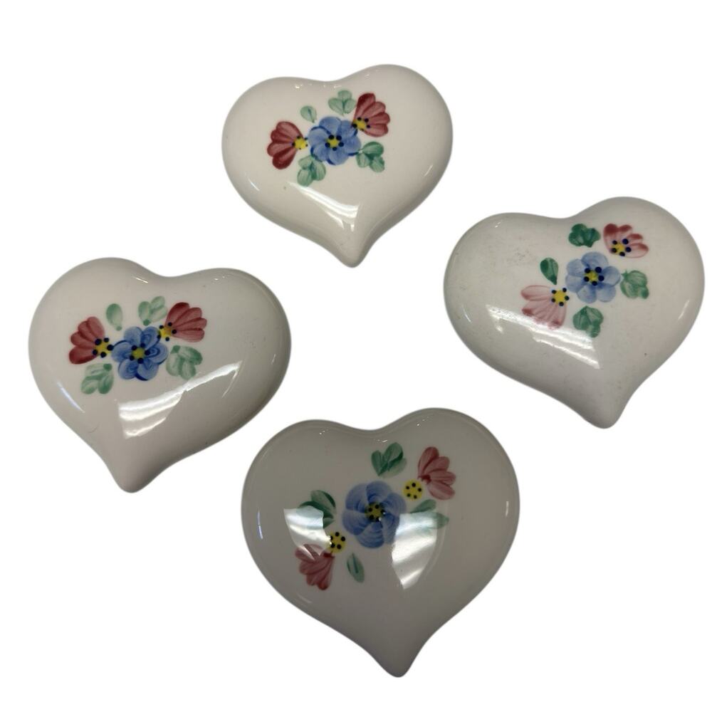 Hand Painted Heart Wall Decor Set of 4 Floral Ceramic Vintage USA